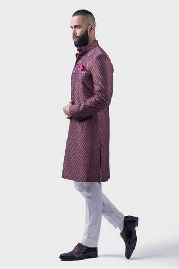 Buy_Raghavendra Rathore Jodhpur_Wine Silk, Brocade Embroidery Baroda Pattern Achkan _Online_at_Aza_Fashions