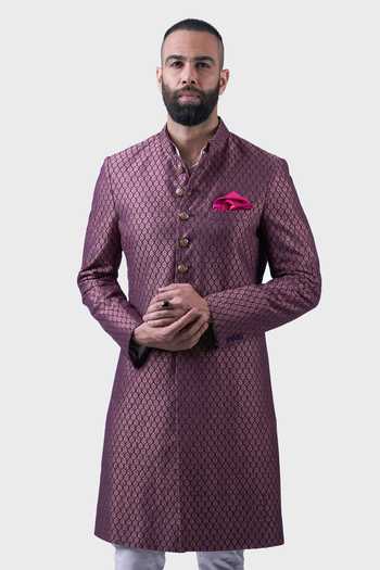 Shop_Raghavendra Rathore Jodhpur_Wine Silk, Brocade Embroidery Baroda Pattern Achkan _Online_at_Aza_Fashions