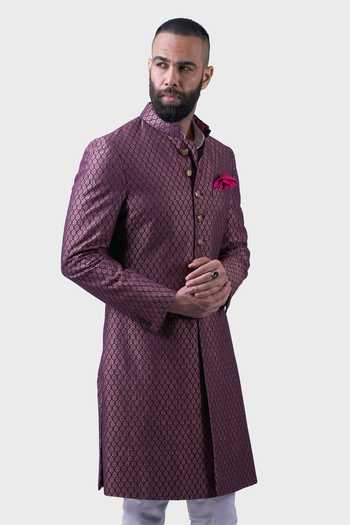 Raghavendra Rathore Jodhpur_Wine Silk, Brocade Embroidery Baroda Pattern Achkan _at_Aza_Fashions