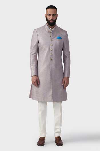 Raghavendra Rathore Jodhpur_Purple Silk, Brocade Embroidery Gilded Geometric Pattern Achkan _Online_at_Aza_Fashions