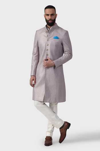 Buy_Raghavendra Rathore Jodhpur_Purple Silk, Brocade Embroidery Gilded Geometric Pattern Achkan _Online_at_Aza_Fashions