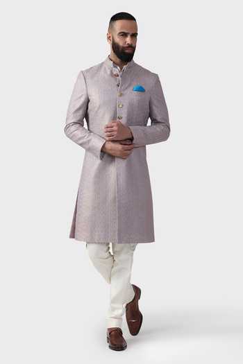 Shop_Raghavendra Rathore Jodhpur_Purple Silk, Brocade Embroidery Gilded Geometric Pattern Achkan _Online_at_Aza_Fashions