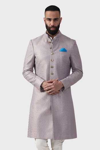 Raghavendra Rathore Jodhpur_Purple Silk, Brocade Embroidery Gilded Geometric Pattern Achkan _at_Aza_Fashions