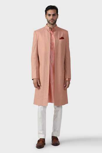 Raghavendra Rathore Jodhpur_Peach Modal Embroidery The Fiesta Jacquard Woven Open Achkan _Online_at_Aza_Fashions