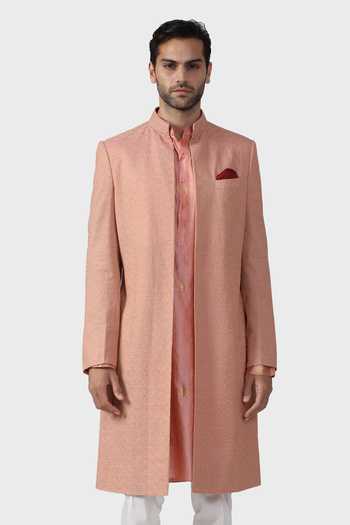 Buy_Raghavendra Rathore Jodhpur_Peach Modal Embroidery The Fiesta Jacquard Woven Open Achkan _Online_at_Aza_Fashions