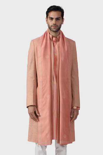 Shop_Raghavendra Rathore Jodhpur_Peach Modal Embroidery The Fiesta Jacquard Woven Open Achkan _Online_at_Aza_Fashions