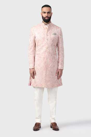 Raghavendra Rathore Jodhpur_Peach Linen, Silk Crystals The Aari Jaal Embroidered Achkan _Online_at_Aza_Fashions