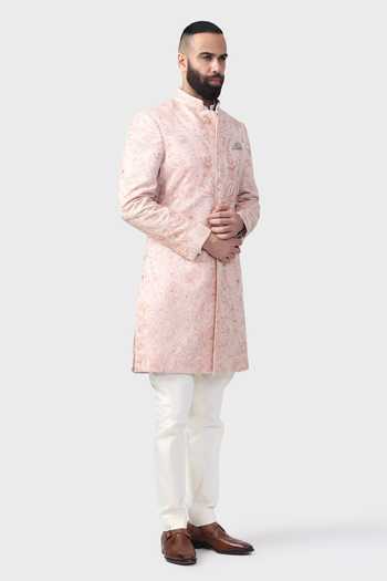 Buy_Raghavendra Rathore Jodhpur_Peach Linen, Silk Crystals The Aari Jaal Embroidered Achkan _Online_at_Aza_Fashions
