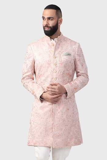Shop_Raghavendra Rathore Jodhpur_Peach Linen, Silk Crystals The Aari Jaal Embroidered Achkan _Online_at_Aza_Fashions