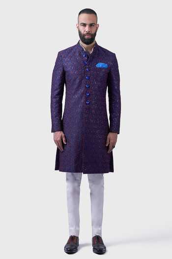 Raghavendra Rathore Jodhpur_Blue Silk Embroidery, Sequins The Medieval Mural Achkan _Online_at_Aza_Fashions