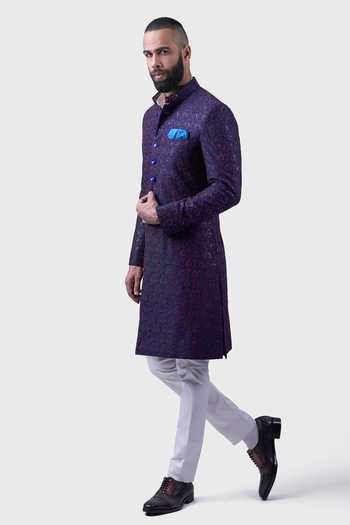 Buy_Raghavendra Rathore Jodhpur_Blue Silk Embroidery, Sequins The Medieval Mural Achkan _Online_at_Aza_Fashions
