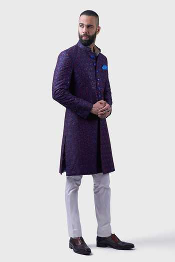 Shop_Raghavendra Rathore Jodhpur_Blue Silk Embroidery, Sequins The Medieval Mural Achkan _Online_at_Aza_Fashions