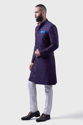 Raghavendra Rathore Jodhpur_Blue Silk Embroidery, Sequins The Medieval Mural Achkan _at_Aza_Fashions