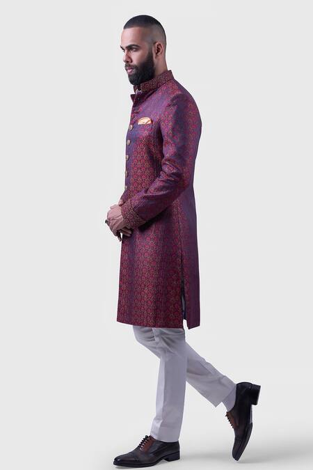 Shop_Raghavendra Rathore Jodhpur_Maroon Silk Embroidery The Butti Jharokha Achkan _Online_at_Aza_Fashions