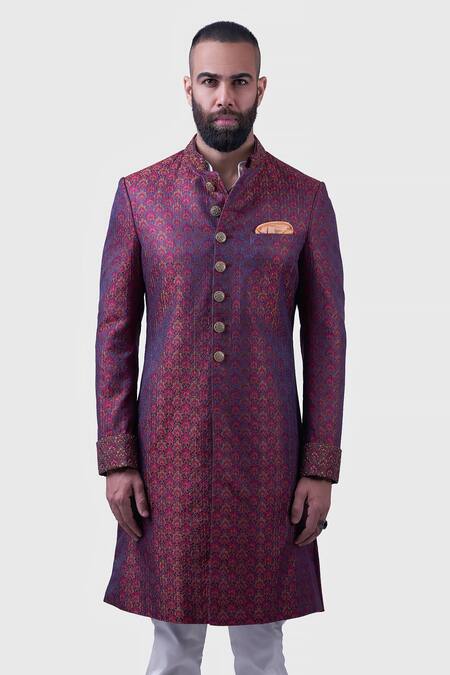 Raghavendra Rathore Jodhpur_Maroon Silk Embroidery The Butti Jharokha Achkan _at_Aza_Fashions