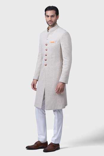 Raghavendra Rathore Jodhpur_Beige Silk Embroidery Miniature Butti Achkan _Online_at_Aza_Fashions