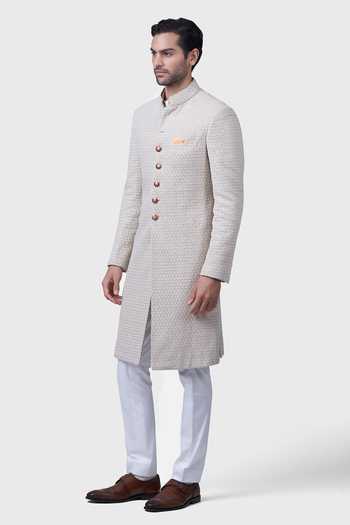 Buy_Raghavendra Rathore Jodhpur_Beige Silk Embroidery Miniature Butti Achkan _Online_at_Aza_Fashions