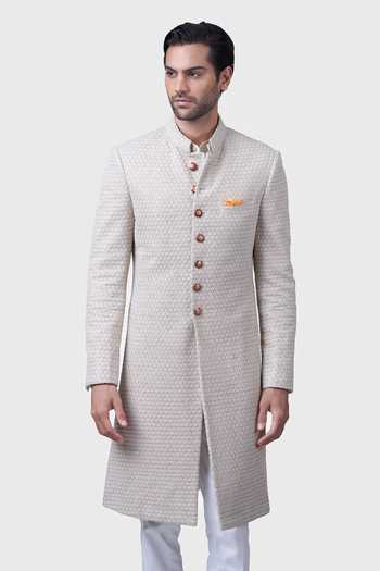 Shop_Raghavendra Rathore Jodhpur_Beige Silk Embroidery Miniature Butti Achkan _Online_at_Aza_Fashions