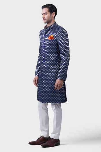 Raghavendra Rathore Jodhpur_Blue Silk, Brocade Embroidery The Zari Butti Woven Achkan _Online_at_Aza_Fashions