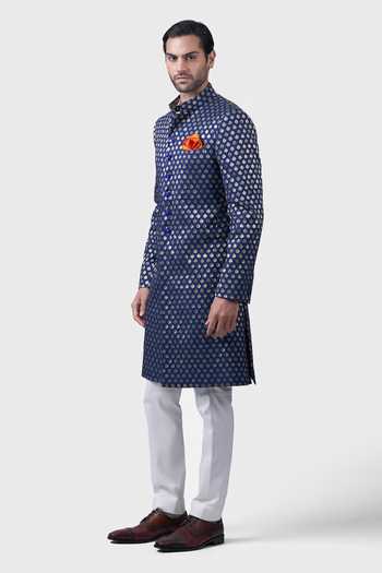 Buy_Raghavendra Rathore Jodhpur_Blue Silk, Brocade Embroidery The Zari Butti Woven Achkan _Online_at_Aza_Fashions