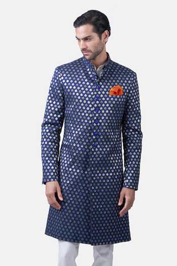 Shop_Raghavendra Rathore Jodhpur_Blue Silk, Brocade Embroidery The Zari Butti Woven Achkan _Online_at_Aza_Fashions