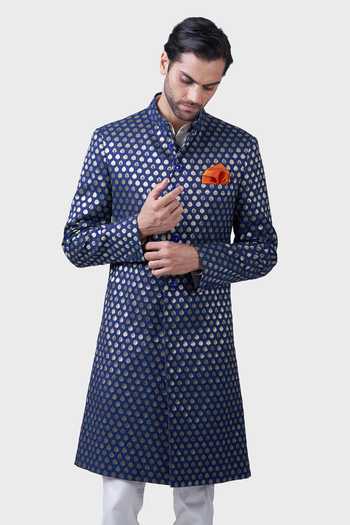 Raghavendra Rathore Jodhpur_Blue Silk, Brocade Embroidery The Zari Butti Woven Achkan _at_Aza_Fashions