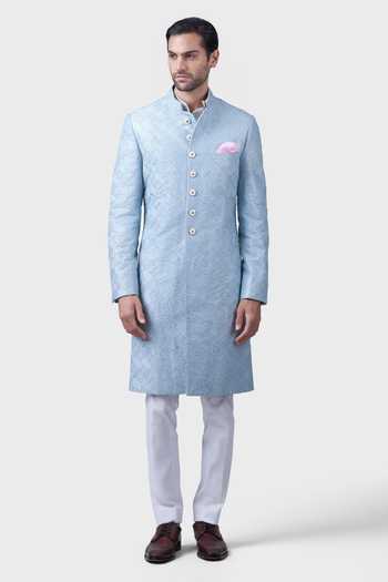 Raghavendra Rathore Jodhpur_Blue Silk Sequins The Bugle Bead Maze Achkan _Online_at_Aza_Fashions