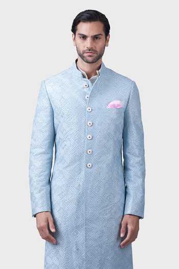 Buy_Raghavendra Rathore Jodhpur_Blue Silk Sequins The Bugle Bead Maze Achkan _Online_at_Aza_Fashions