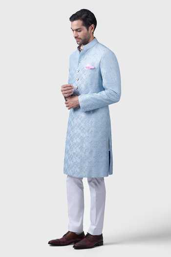 Shop_Raghavendra Rathore Jodhpur_Blue Silk Sequins The Bugle Bead Maze Achkan _Online_at_Aza_Fashions