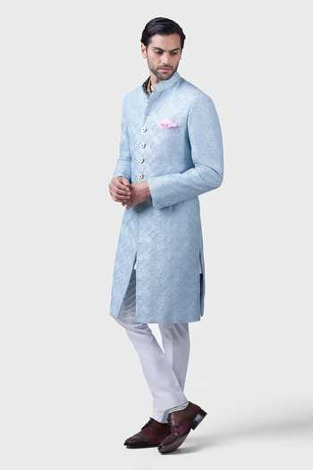 Raghavendra Rathore Jodhpur_Blue Silk Sequins The Bugle Bead Maze Achkan _at_Aza_Fashions