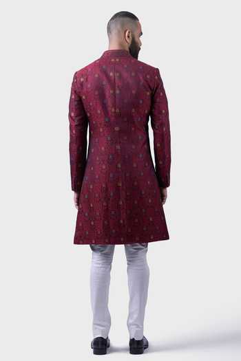 Shop Raghavendra Rathore Jodhpur Maroon Silk Embroidery The Ambrosia Persian Achkan at Aza Fashions Shop_Raghavendra Rathore Jodhpur_Maroon Silk Embroidery The Ambrosia Persian Achkan _at_Aza_Fashions