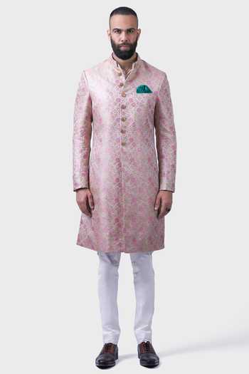 Raghavendra Rathore Jodhpur_Beige Silk Embroidery The Bagheecha Woven Achkan _Online_at_Aza_Fashions
