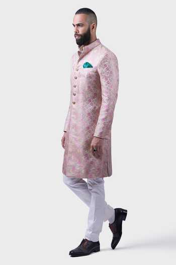 Buy_Raghavendra Rathore Jodhpur_Beige Silk Embroidery The Bagheecha Woven Achkan _Online_at_Aza_Fashions