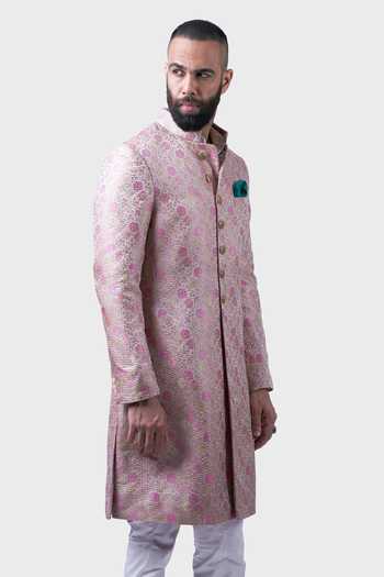 Shop_Raghavendra Rathore Jodhpur_Beige Silk Embroidery The Bagheecha Woven Achkan _Online_at_Aza_Fashions