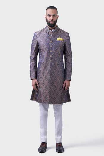 Raghavendra Rathore Jodhpur_Blue Silk Stones The Coronation Woven Achkan _Online_at_Aza_Fashions