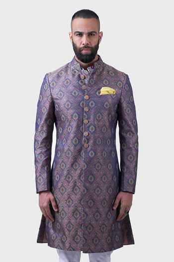 Shop_Raghavendra Rathore Jodhpur_Blue Silk Stones The Coronation Woven Achkan _Online_at_Aza_Fashions