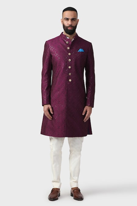 Raghavendra Rathore Jodhpur_Wine Silk Embroidery, Sequins The Mandana Pattern Achkan _Online_at_Aza_Fashions