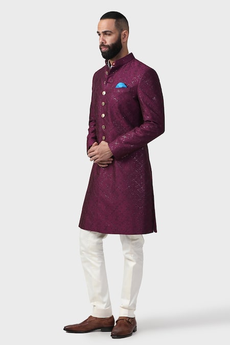Buy_Raghavendra Rathore Jodhpur_Wine Silk Embroidery, Sequins The Mandana Pattern Achkan _Online_at_Aza_Fashions