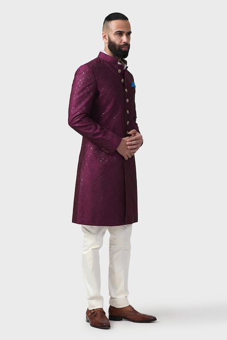 Shop_Raghavendra Rathore Jodhpur_Wine Silk Embroidery, Sequins The Mandana Pattern Achkan _Online_at_Aza_Fashions