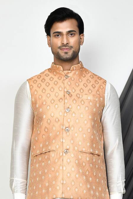 Buy_Arihant Rai Sinha_Beige Silk Embroidery Vintage Pattern Bundi _Online_at_Aza_Fashions