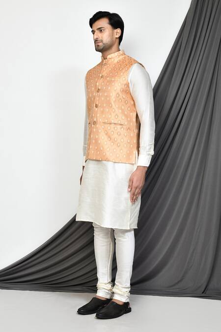 Shop_Arihant Rai Sinha_Beige Silk Embroidery Vintage Pattern Bundi _Online_at_Aza_Fashions