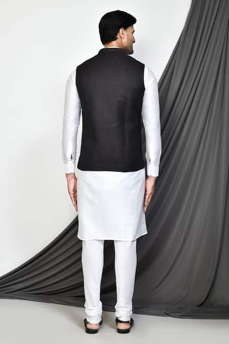 Shop_Arihant Rai Sinha_Black Polyester, Cotton Plain Mandarin Collar Bundi _at_Aza_Fashions