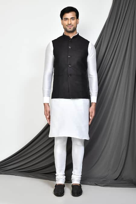 Arihant Rai Sinha_Black Polyester, Cotton Plain Mandarin Collar Bundi _Online_at_Aza_Fashions