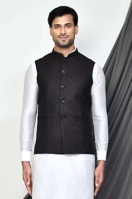 Buy_Arihant Rai Sinha_Black Polyester, Cotton Plain Mandarin Collar Bundi _Online_at_Aza_Fashions