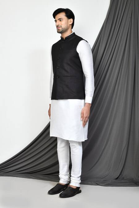 Shop_Arihant Rai Sinha_Black Polyester, Cotton Plain Mandarin Collar Bundi _Online_at_Aza_Fashions