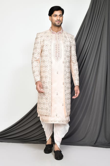 Aryavir Malhotra Cream Tuxedo Satin Hand Embroidered Floral Sherwani Pant Set 