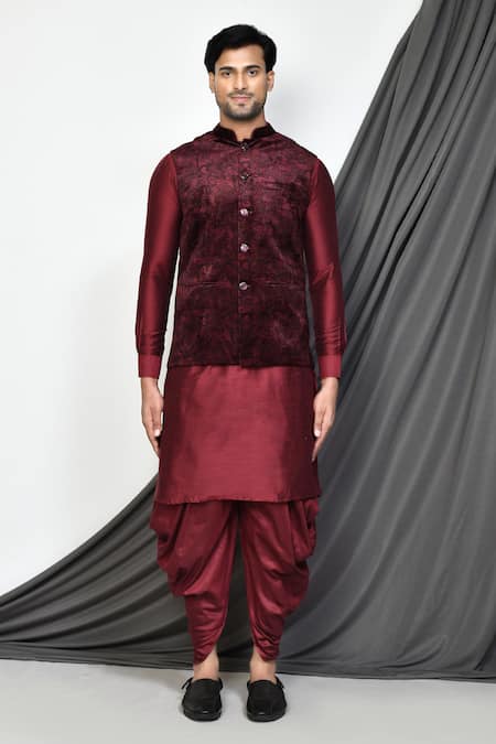 Buy_Arihant Rai Sinha_Maroon Velvet, Silk Embroidery Paisley Nehru Jacket And Kurta Set _Online_at_Aza_Fashions