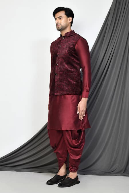 Shop_Arihant Rai Sinha_Maroon Velvet, Silk Embroidery Paisley Nehru Jacket And Kurta Set _Online_at_Aza_Fashions