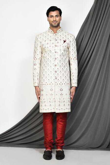 Aryavir Malhotra Cream Sherwani Mulberry Embroidered Floral Jaal Set  5