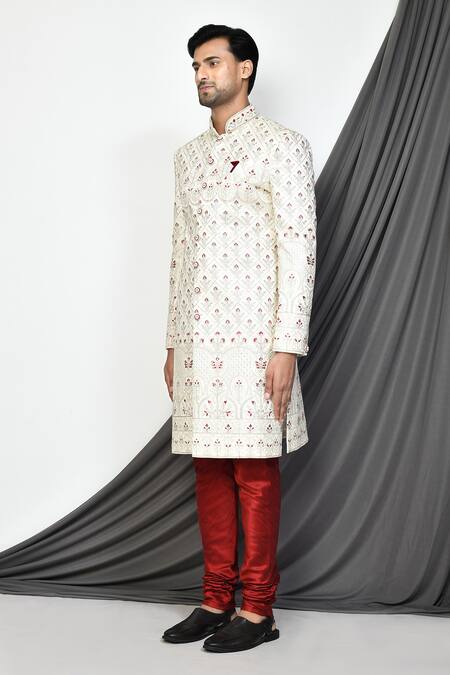 Aryavir Malhotra Cream Sherwani Mulberry Embroidered Floral Jaal Set  6